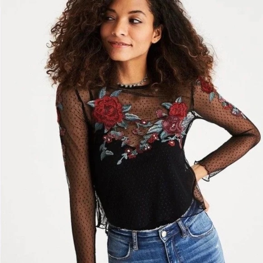 NWT American Eagle Outfitters Black Mesh Red Rose Flower Long Sleeve Shirt